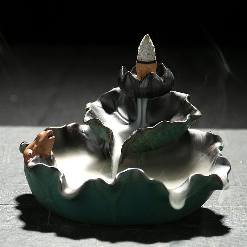 New Ceramic Incense Burner Feng Shui Tibet Holder Buddhist Censer + 60 Backflow Cone