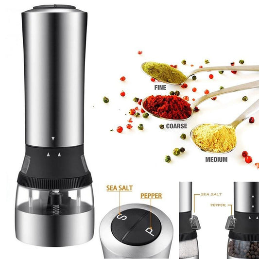 2 IN 1 Electric Gravity Pepper Grinder & Salt Mill with Adjustable Coarseness, Battery Powered Automatic Pepper Mill Grinder,One Hand Opetated,Brushed Stainless Steel Pepper Shaker with Ceramic Blades