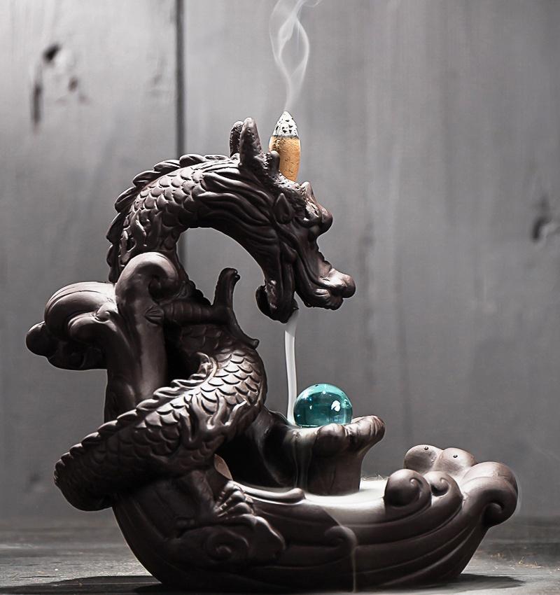 Exquisite Retro dragon Porcelain Ceramic Backflow Incense Burner Holder Buddhist Censer Decoration w/ 20 pcs Incense Cones