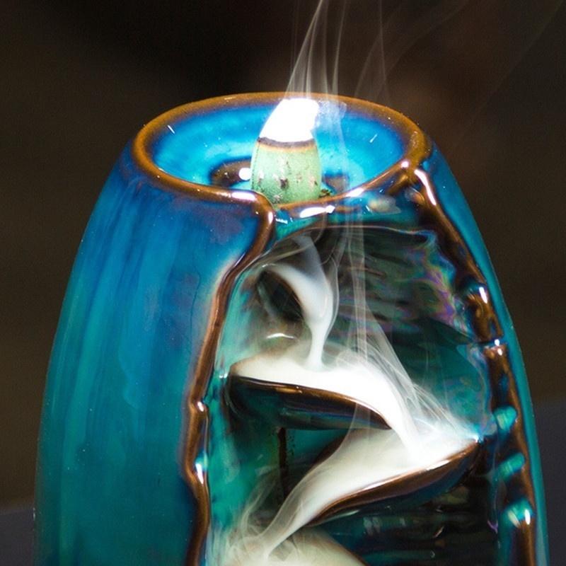 With 60 Backflow incense cones Retro Handmade Porcelain Ceramic Backflow Incense Burner Buddhist Decoration Home Aromatherapy