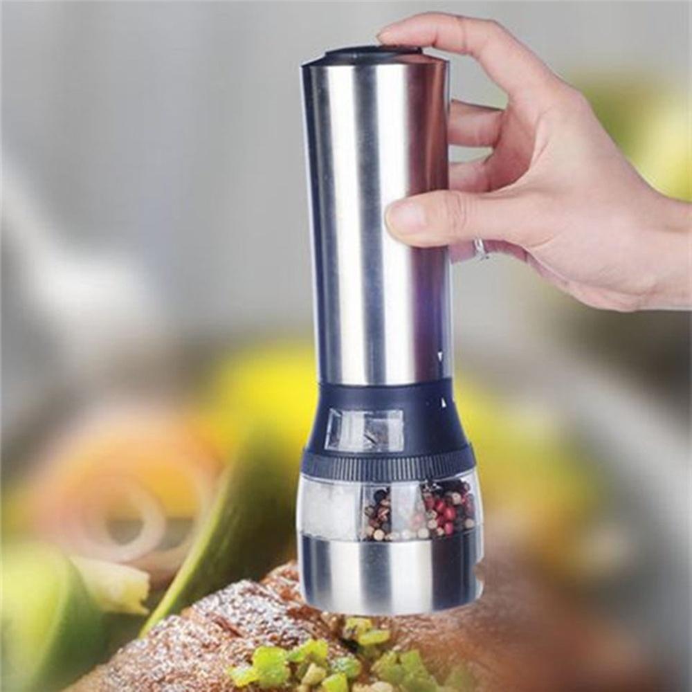 2 IN 1 Electric Gravity Pepper Grinder & Salt Mill with Adjustable Coarseness, Battery Powered Automatic Pepper Mill Grinder,One Hand Opetated,Brushed Stainless Steel Pepper Shaker with Ceramic Blades