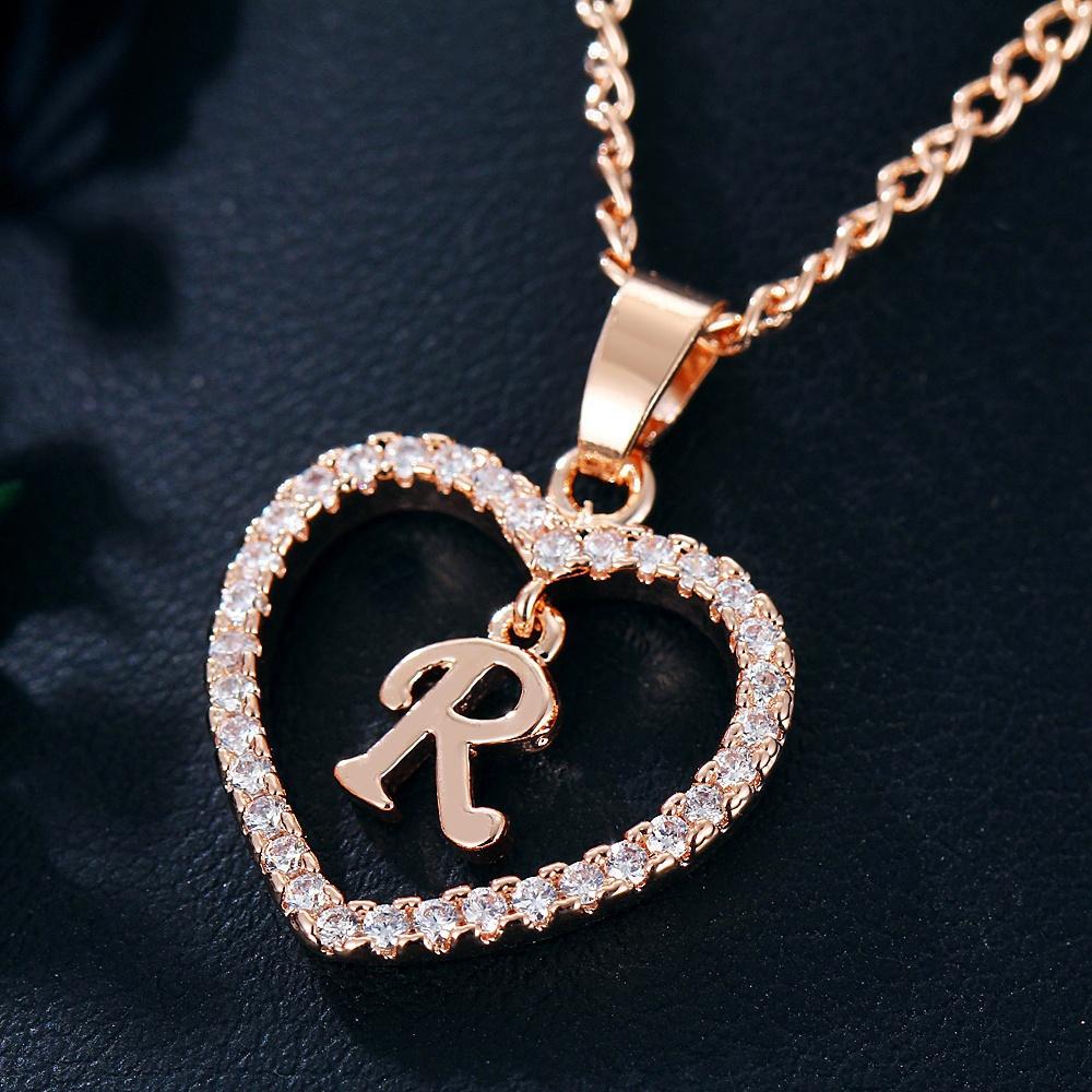 2020 Exquisite Rose Gold Women Necklace 26 Letters Long Sweater Zircon Chain Pendant Necklace Love Heart Pendants for Women Collier Choker Necklaces Lovers Gift