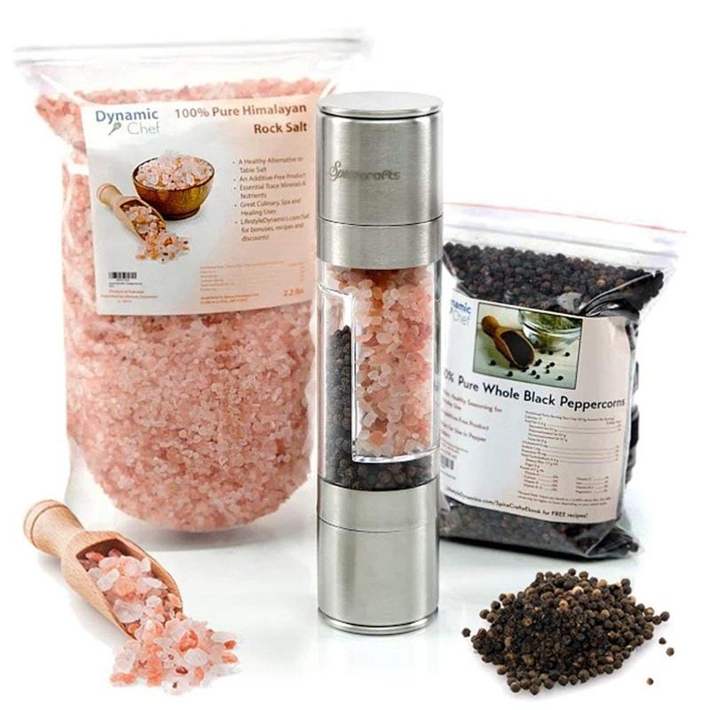 2 in 1 Salt & Pepper Grinder -Stainless Steel Manual Dual Combo Black Pepper and Rock Salt Grinders with Adjustable Ceramic Inner Core for Kitchen, Party, Barbecue
