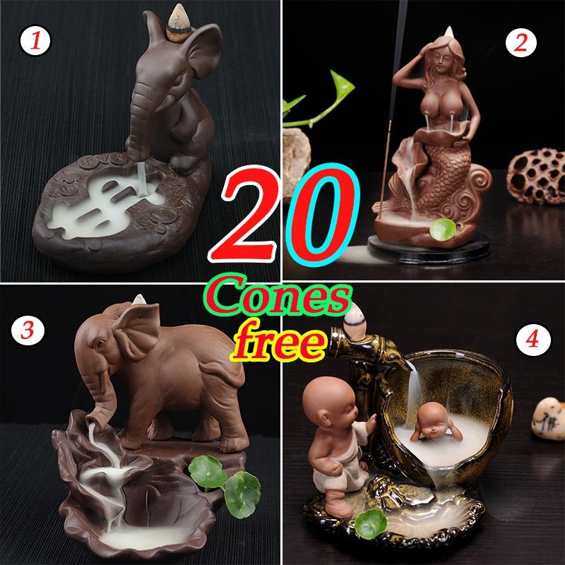 New Backflow incense burner Creative ceramic Backflow Cone Holder Smoke Incense Burner 20 incense cones for free