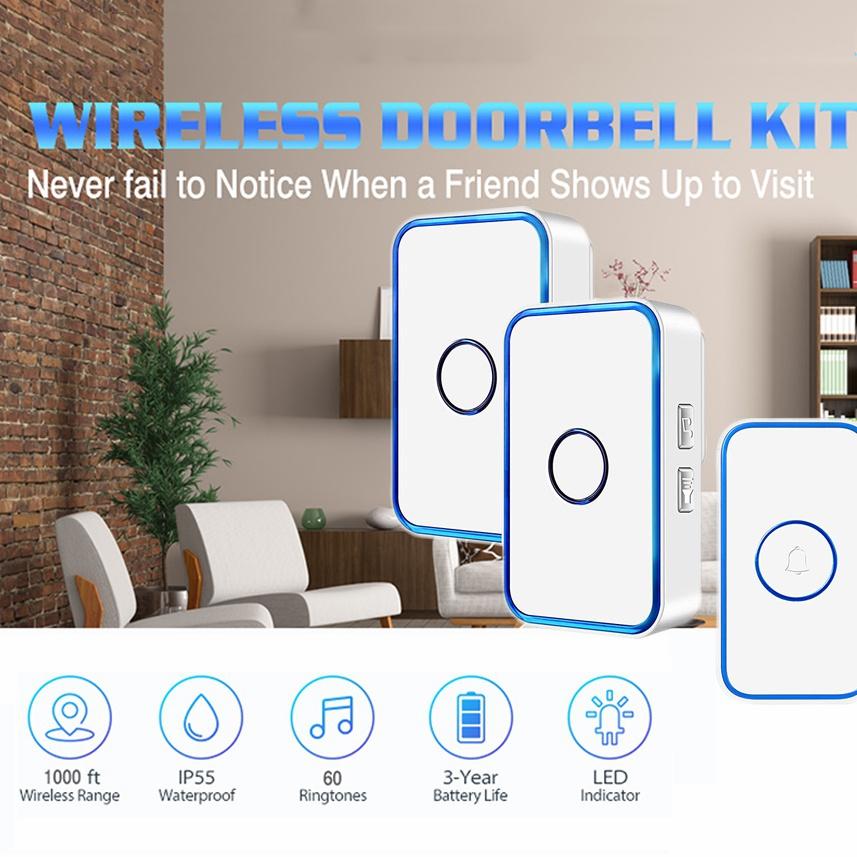 Latest Wireless Doorbell with 2 Receivers, IP55 Waterproof Doorbell, 1500 Feet Range, 5 Volume Levels, 60 Chimes & LED Flash