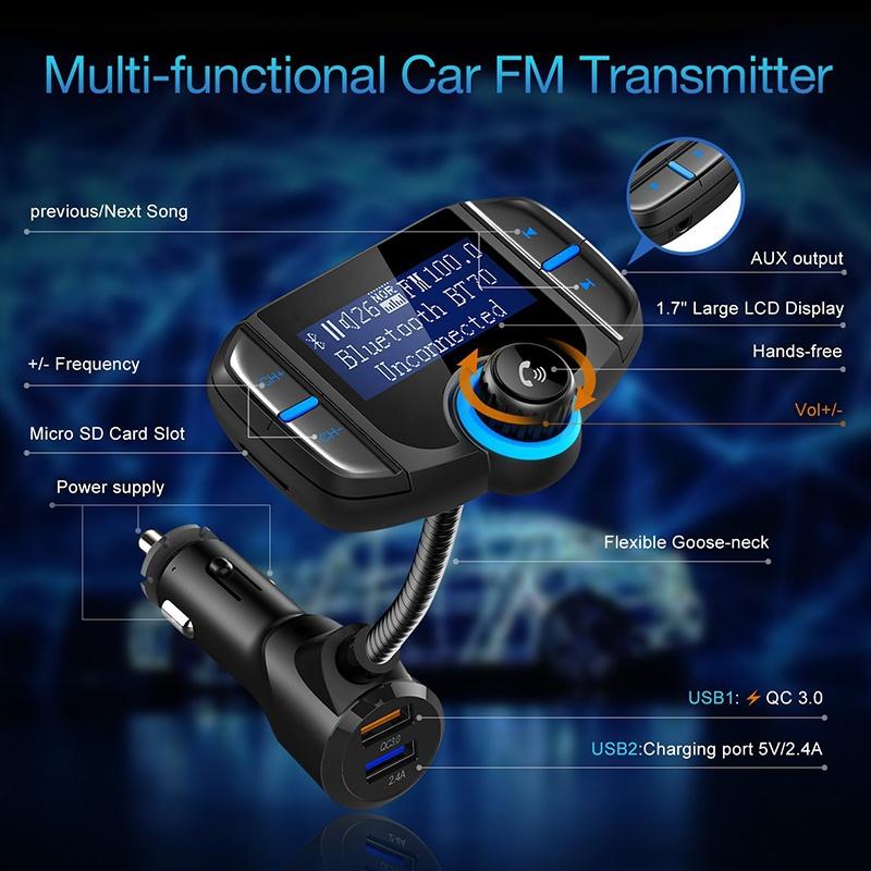 Bluetooth FM Transmitter with Quick Charge 3.0, Wireless Car Radio Transmitter Kit with 1.7” LED Display, Dual USB Ports, compatible with iPhone, etc, Hands Free Kit