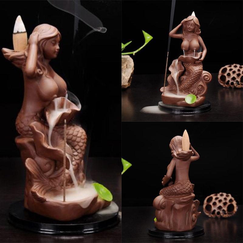 New Brown Nude Mermaid Ceramic Backflow Cone Holder Smoke Censer Incense Burner