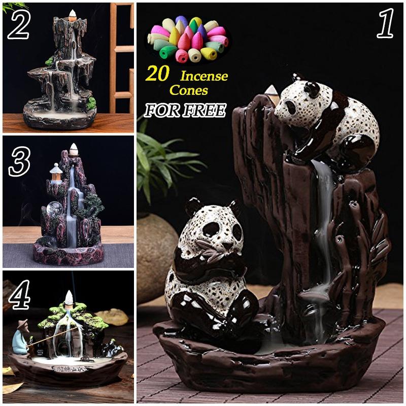 Exquisite Retro Buddhist Porcelain Incense Holder Backflow Incense Burner Home Fragrance Artwork w/ 20 Incense Cones