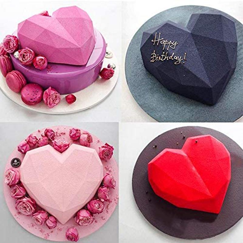 2021 New 3D Diamond Love Heart Shape Silicone Cake Mold Non-stick Silicone Baking Mold Sponge Chiffon Mousse Dessert Molds for Birthday Valentine's Day