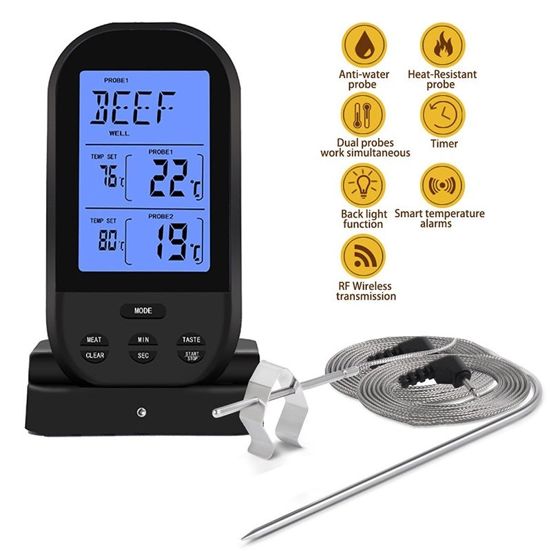 Meat Thermometer with Dual Probe, Large LCD Digital Backlight Food Grill Thermometer with Timer Mode for Kitchen Oven BBQ