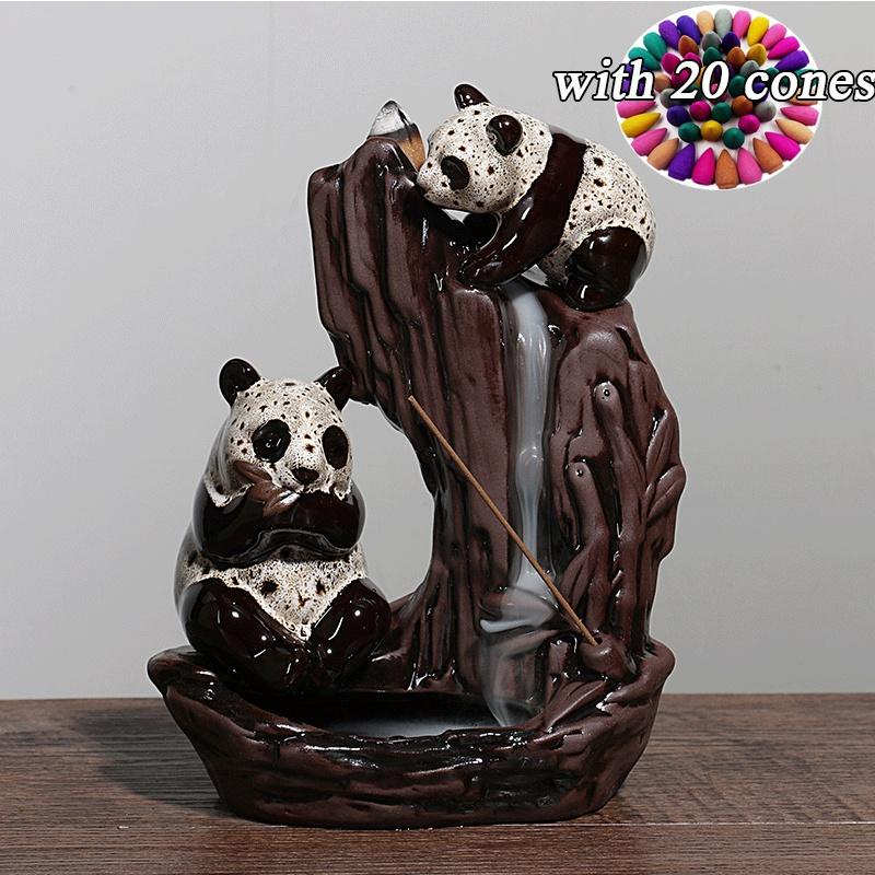 Chinese Panda Ceramic Round Handmade  Backflow Incense Holder  Burner, Aromatherapy Ornament Home Decor Meditation Yoga [<lun>]