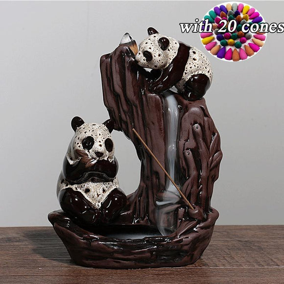 Chinese Panda Ceramic Round Handmade  Backflow Incense Holder  Burner, Aromatherapy Ornament Home Decor Meditation Yoga [<lun>]