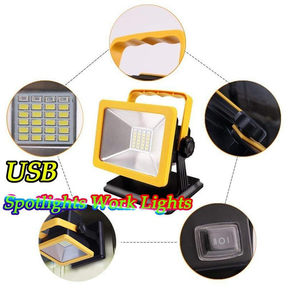 2021 New 15W Spotlights Work Lights (60W Equivalent) Outdoor Camping Lights, Waterproof LED Flood Lights, Stand Industrial Working Light, Rechargeable Lithium Batteries 4 (With USB Ports and Special SOS Modes)