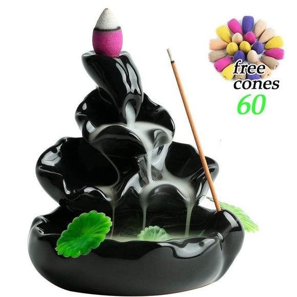 2020 Ceramic Incense Burner Feng Shui Tibet Holder Buddhist Censer + 60 Backflow Cone