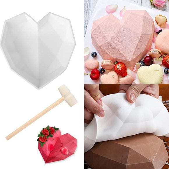 New 3D Diamond Love Heart Shape Silicone Cake Mold Non-stick Silicone Baking Mold Sponge Chiffon Mousse Dessert Molds for Birthday Valentine's Day [<lun>]