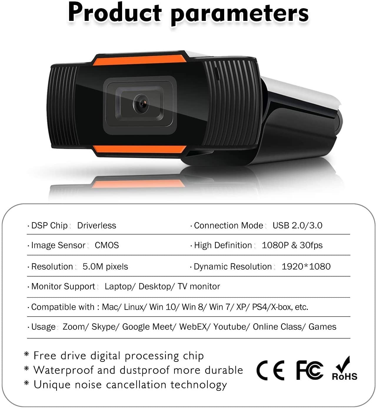 Full HD Webcam 1080P, Streaming Camera, Widescreen Video Calling and Recording with Microphone, USB Wide Angle Skype Camera with Facial-Enhancement Technology, Desktop, Laptop