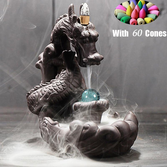 2020 Retro Handmade Dragon Ceramic Backflow Incense Burner +60 Incense Cones