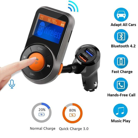 Bluetooth FM Transmitter, Wireless Hands-free Radio Adapter Car Charger Kit with 1.4 Inch Display, Music Player,Smart 2.4A+QC3.0 Dual USB Fast Car charge for Cell Phone (black)