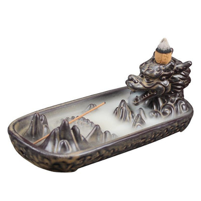 Exquisite Retro dragon Porcelain Ceramic Backflow Incense Burner Holder Buddhist Censer Decoration w/ 20 pcs Incense Cones