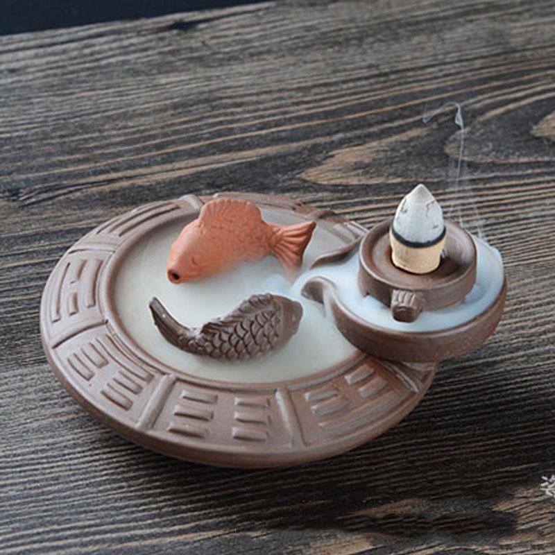 Characteristic Chinese style Handmade Ceramic Backflow Incense Holder Waterfall Incense Burner, Aromatherapy Ornament Home Decor Meditation Yoga +  20 Backflow Incense Cones [<lun>]