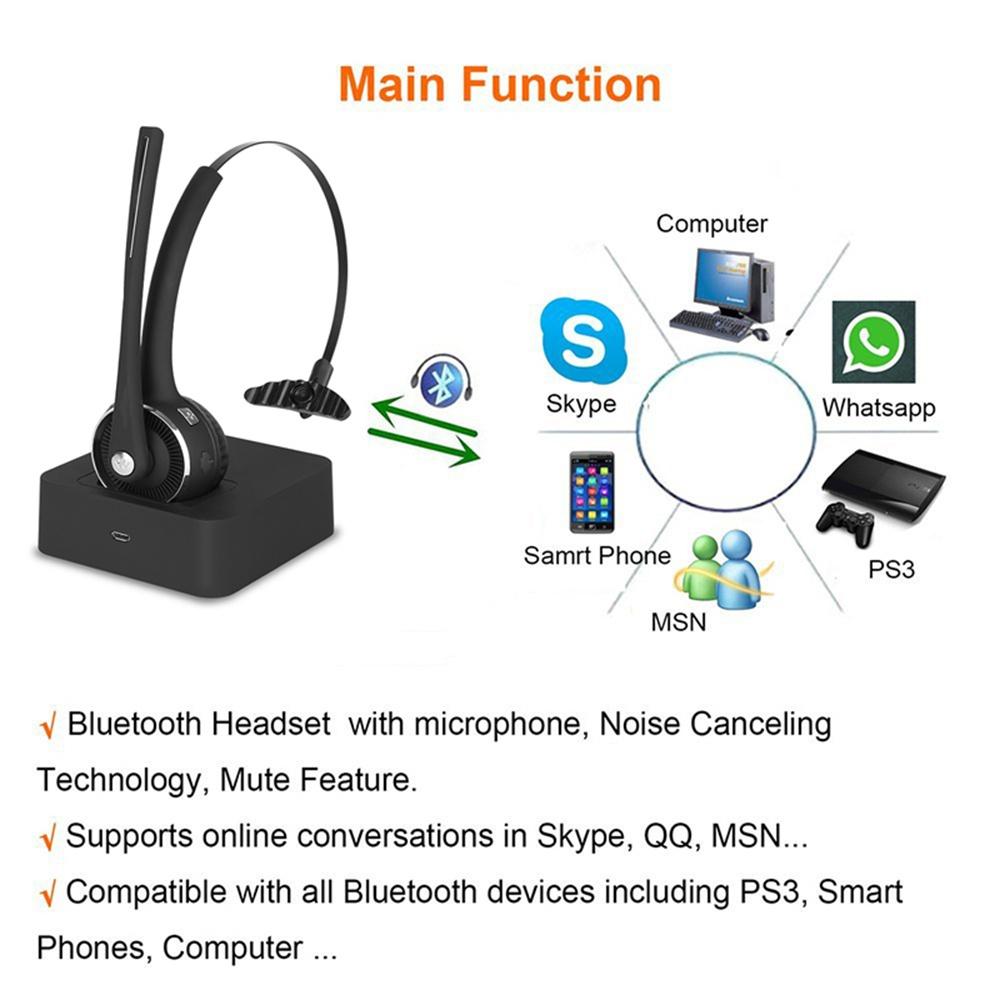 Pro Trucker Bluetooth Headset/Office Wireless Headset, Bluetooth Earpiece Noise Cancelling Headphones with Microphone,Charging Dock,Mute Function for Car Call Center iPhone Android Cell Phones [<lun>]