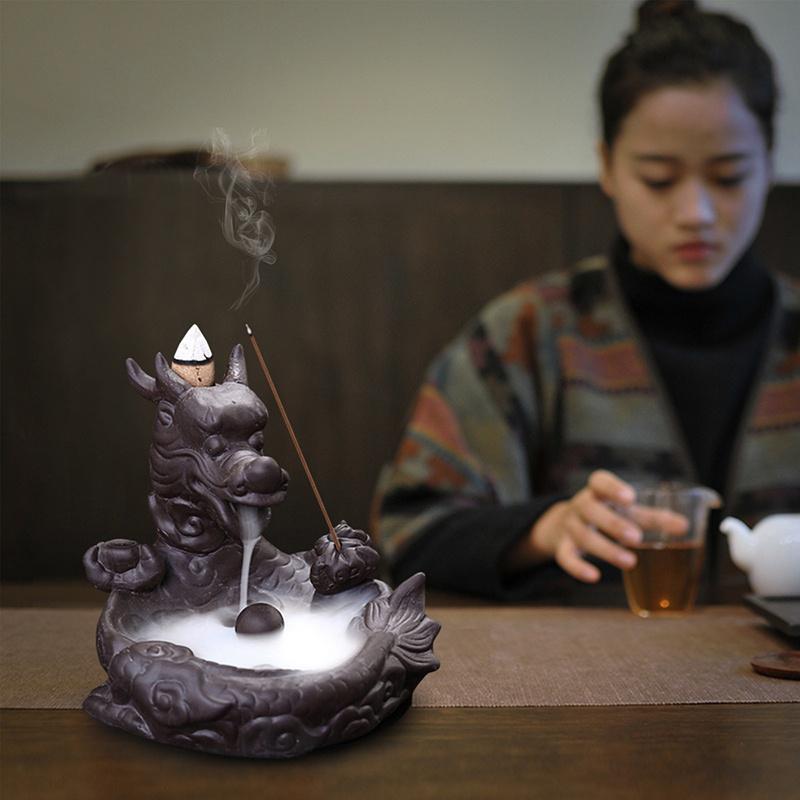 Cute little Ceramic dragon  Backflow Incense , Chinese traditional  Handmade Ceramic Home Decor  handmade gifts Can help sleep +  20 Backflow incense cones [<lun>]
