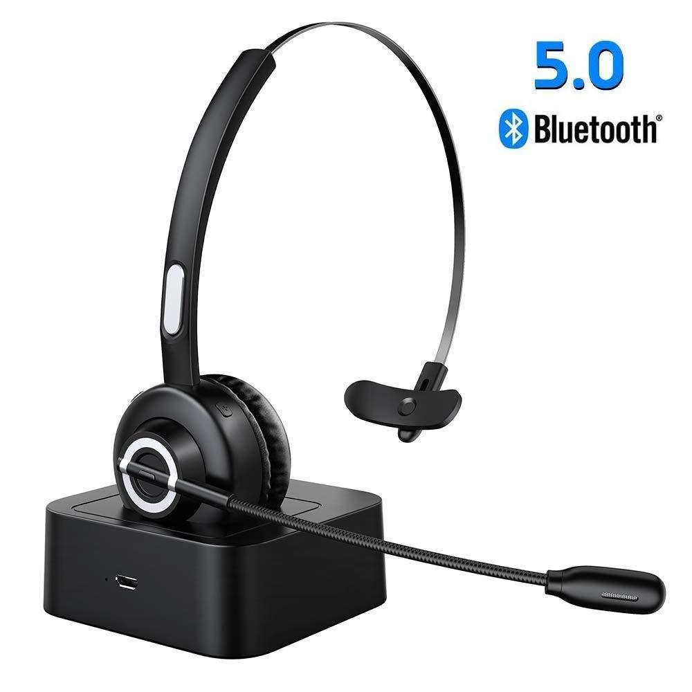 Trucker Bluetooth Headset with Charging Dock,On-Ear Office Wireless Headset with Noise Cancelling Microphone for Call Center,Mobile Phones, Laptop,Skype,VoIP,Truck Drivers,Supports Music