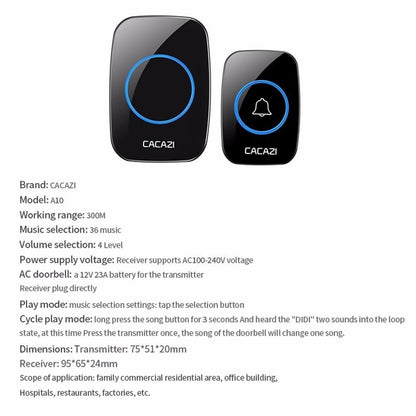 Home Waterproof Wireless Doorbell Smart LED Light Calling Bell 300M Remote EU UK US Plug 38 Songs Chime Jingle Bell