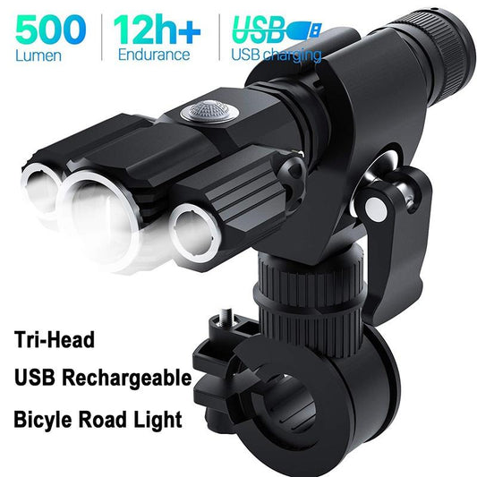 2021 New 4-Modes Multifunction USB Rechargeable Glare LED Three-head Flashlight Zoomable Outdoor Cycling [<lun>]