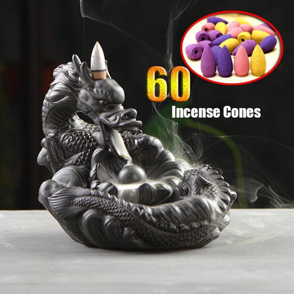 2020 With 60 Incense Cones Buddhist Porcelain Dragon Incense Holder Smoke Backflow Fragrance Retro Art