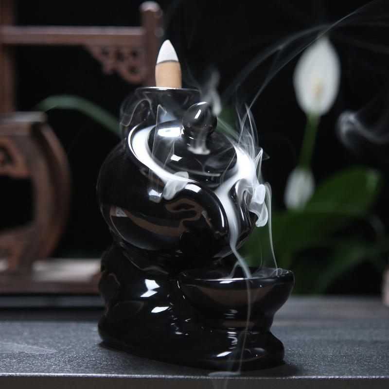 Characteristic Chinese style Handmade Ceramic Backflow Incense Holder Waterfall Incense Burner, Aromatherapy Ornament Home Decor Meditation Yoga +  20 Backflow Incense Cones [<lun>]