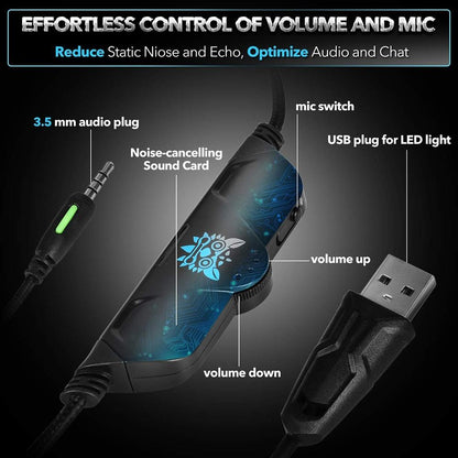 Gaming Headset PS4 Headset with 7.1 Surround Sound, Xbox One Headset w/ Noise Canceling Microphone &amp; LED Light, Compatible with PS4, Xbox One, Switch, PC, Mac, Laptop, Over Ear Headphones