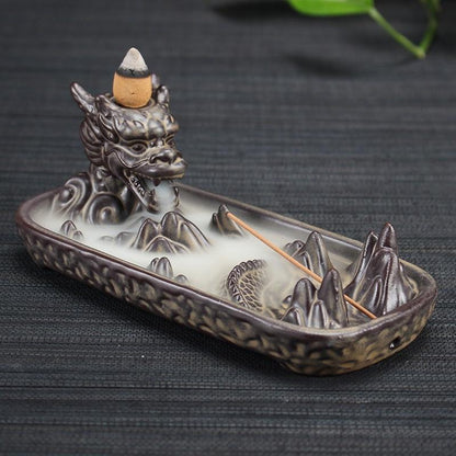 Exquisite Retro dragon Porcelain Ceramic Backflow Incense Burner Holder Buddhist Censer Decoration w/ 20 pcs Incense Cones