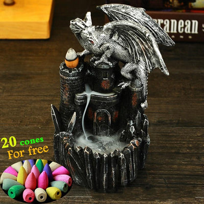 2021 New Retro Resin Crafts Ornaments Ash Catcher Dragon Backflow Incense Burner Holder Home Furnishing Nordic Christmas As Gift Aromatherapy (Color: Grey) [<lun>]