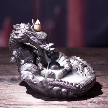 Exquisite Retro dragon Porcelain Ceramic Backflow Incense Burner Holder Buddhist Censer Decoration w/ 20 pcs Incense Cones