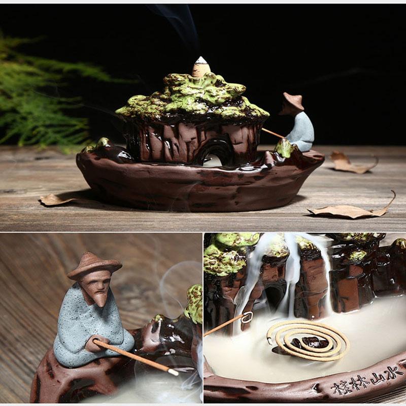 Handmade Ceramic Backflow Incense Holder Waterfall Incense Burner, Aromatherapy Ornament Home Decor Meditation Yoga +  20 Backflow Incense Cones [<lun>]