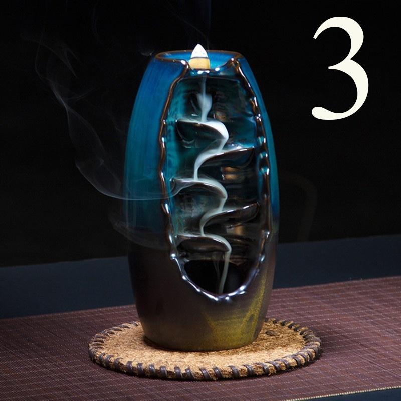 With 60 Backflow incense cones Retro Handmade Porcelain Ceramic Backflow Incense Burner Buddhist Decoration Home Aromatherapy