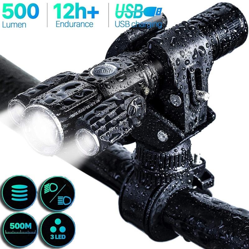 Three Head USB Rechargeable Bike Light Set Powerful Lumens Bicycle Light Road Bike Headlight