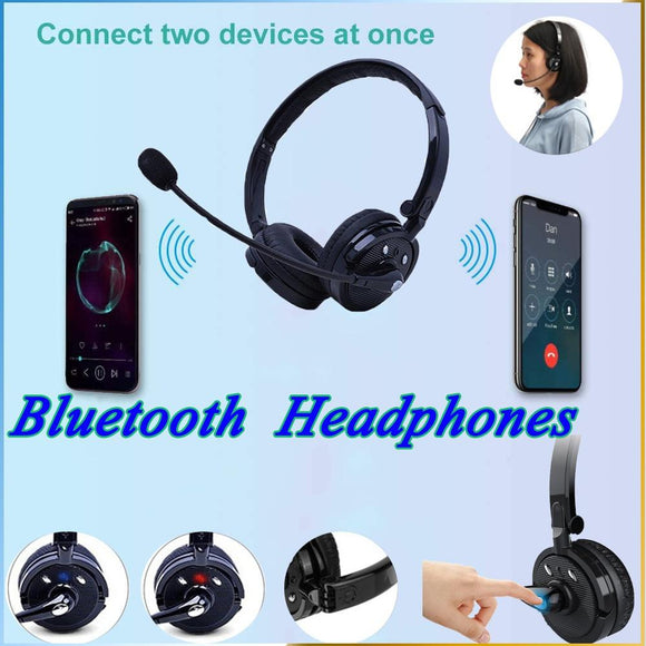 Bluetooth Headset with Microphone, Over-The-Head Wireless Stereo Headphones (Music Streaming, Hands-Free In Car, Up To 12 Hours, Noise Cancelling) for Truck Drivers and Telephone Operator (Black) [<lun>]