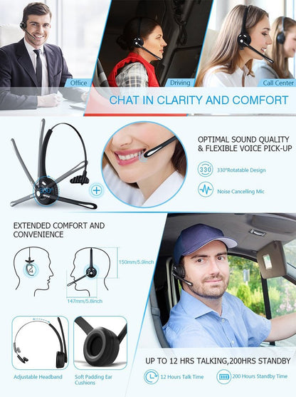 Upgraded Professional Bluetooth Headset BTH-068 Wireless Headphone Black Headband UP To 12 Hours Hands Free For Drivers (Color: Black)