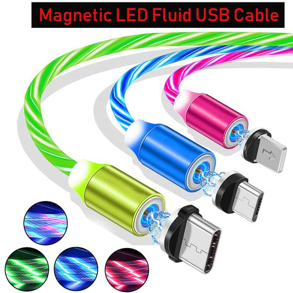 Newest 3 in 1 LED Glowing Flowing LED Light Magnetic Charging Cable Phone Charger for Type C IOS Micro USB Cable Magnetic USB Cables