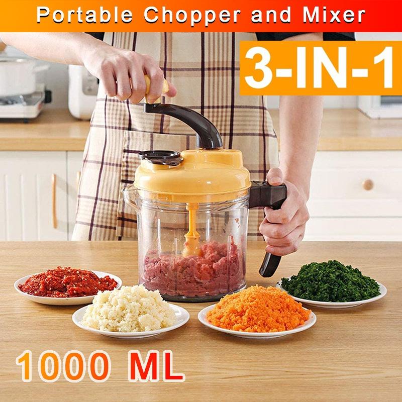 3-in-1 2L Portable Manual Food Meat Vegetable Chopper Shredder Food Processor Household Crusher Garlic Vegetables Fruits Chopper Grinder [<lun>]