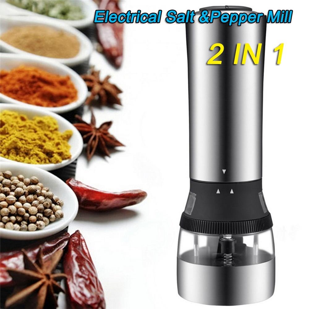 2021 New Stainless Steel Acrylic 2 in 1 Electric Seasoning Salt Pepper Grinder Muller Tool Silver [<lun>]