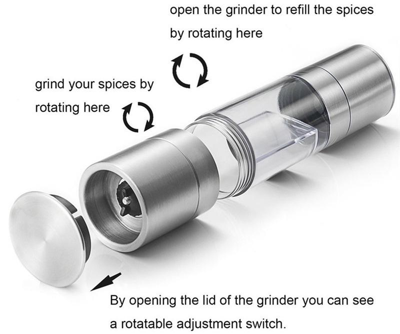2 in 1 Salt &amp; Pepper Grinder -Stainless Steel Manual Dual Combo Black Pepper and Rock Salt Grinders with Adjustable Ceramic Inner Core for Kitchen, Party, Barbecue