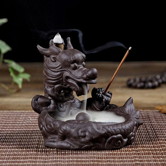 Cute little Ceramic dragon  Backflow Incense , Chinese traditional  Handmade Ceramic Home Decor  handmade gifts Can help sleep +  20 Backflow incense cones [<lun>]