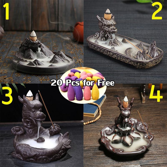 Exquisite Retro dragon Porcelain Ceramic Backflow Incense Burner Holder Buddhist Censer Decoration w/ 20 pcs Incense Cones