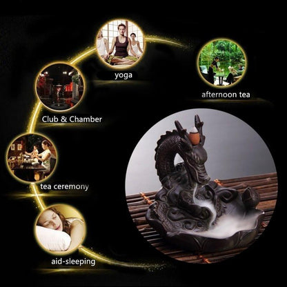 Exquisite Retro dragon Porcelain Ceramic Backflow Incense Burner Holder Buddhist Censer Decoration w/ 20 pcs Incense Cones