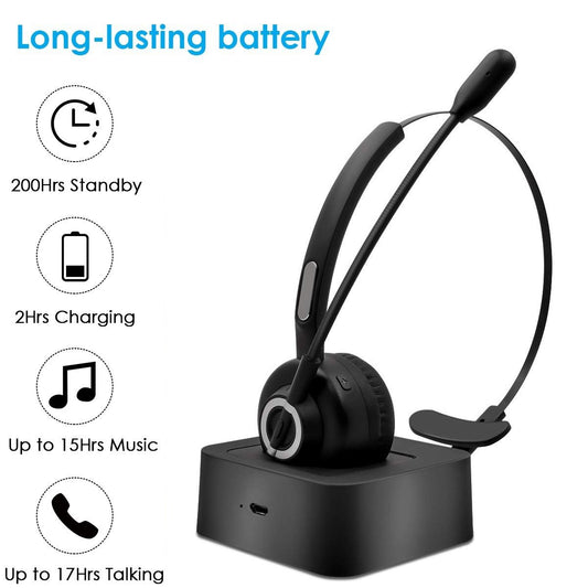 Trucker Bluetooth Headset with Charging Dock,On-Ear Office Wireless Headset with Noise Cancelling Microphone for Call Center,Mobile Phones, Laptop,Skype,VoIP,Truck Drivers,Supports Music
