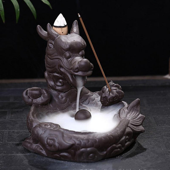New Dragon Ceramic Backflow Incense Burner Holder Buddhist Stick Censer + 20pcs Incense Cones