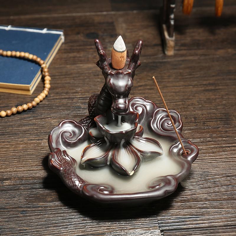 New Ceramic Incense Burner Feng Shui Tibet Holder Buddhist Censer + 60 Backflow Cone
